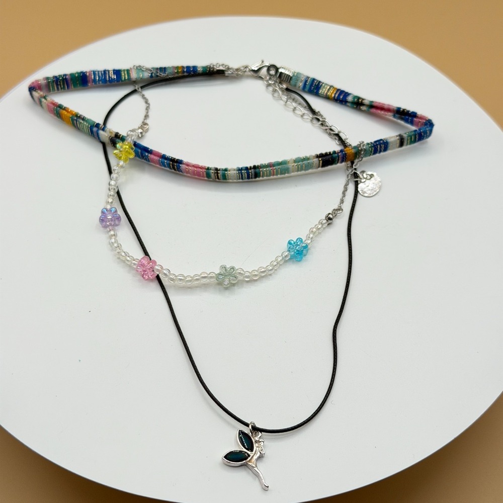 Layered Necklace Set Fairy Pendant Floral Beads Colorful Boho Y2K Festival Gift